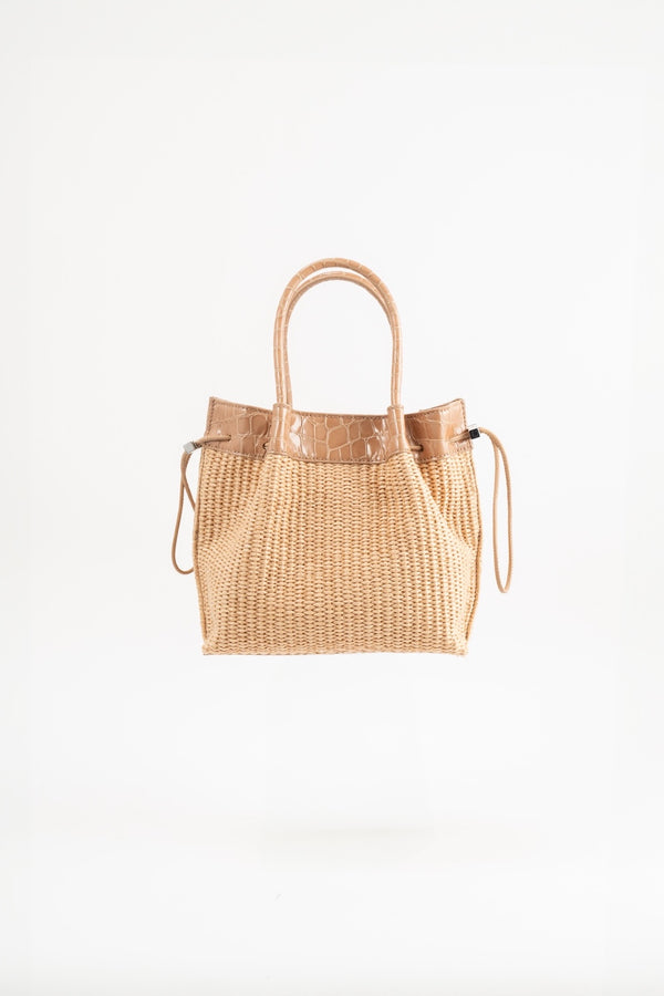 by far Baby Kayla Natural Raffia and Croco Embossed Leather Top-Handle Bag