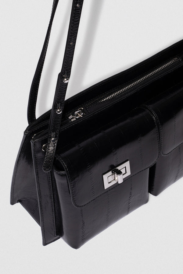 By Far Billy Tote Black Eel Embossed Leather Shoulder Bag