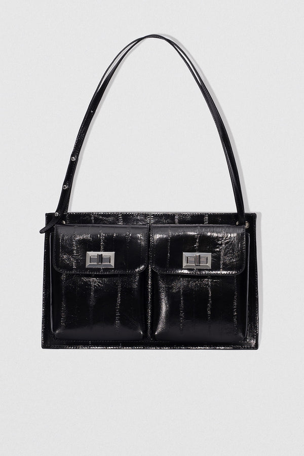 by far Billy Tote Black Eel Embossed Leather Shoulder Bag