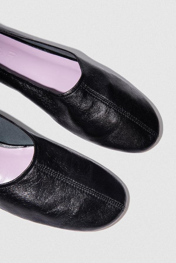 By Far Prudence Black Creased Leather Ballet Flat