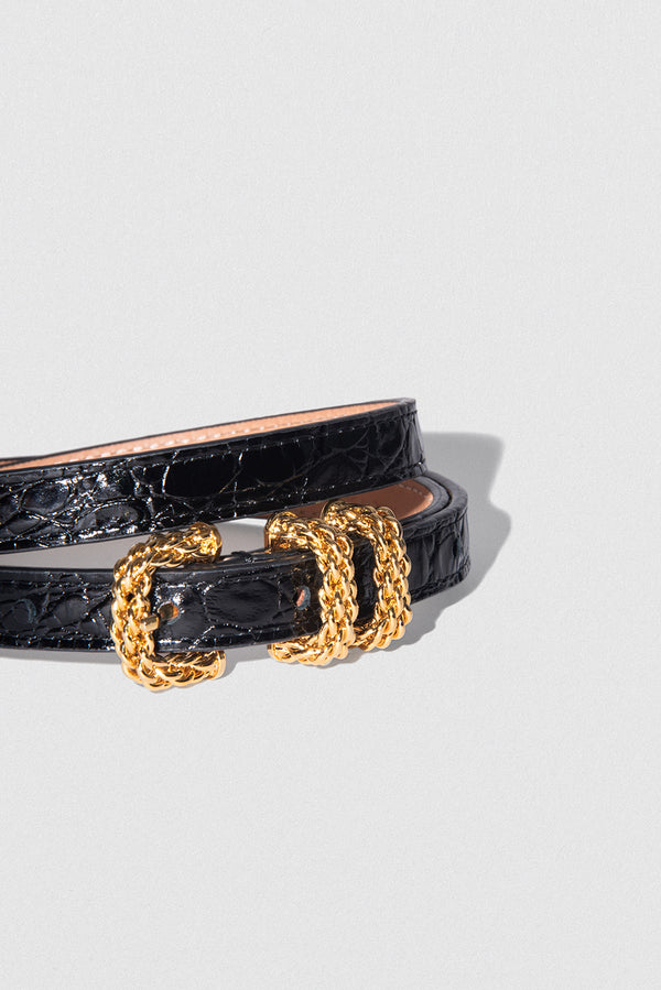 By Far Kat Black Circular Croco Embossed Leather Belt