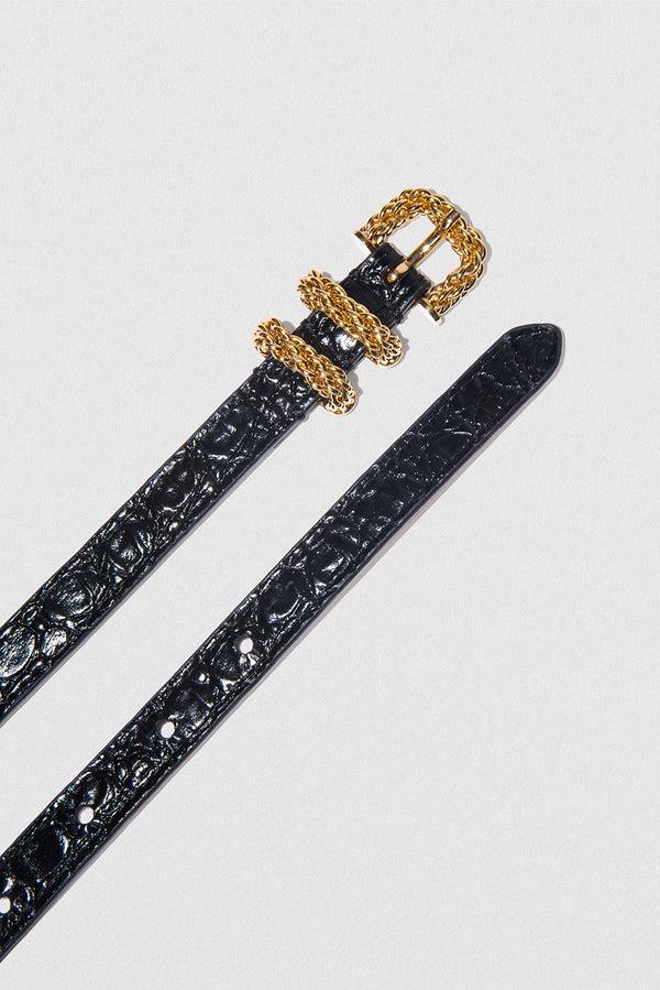 By Far Kat Black Circular Croco Embossed Leather Belt