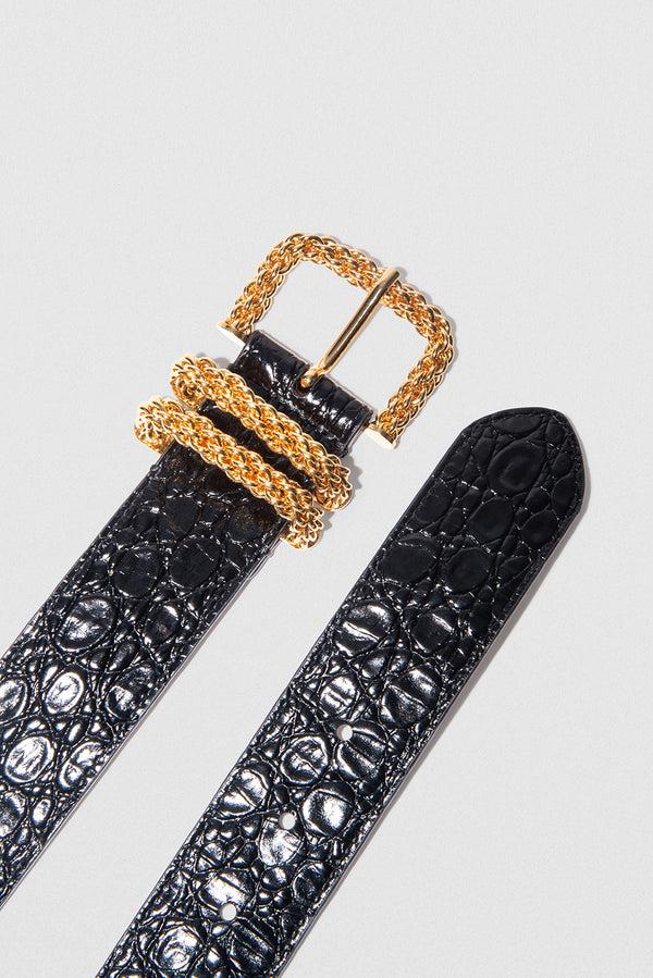 By Far Katina Black Circular Croco Embossed Leather Belt