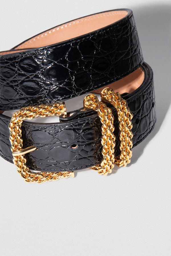 By Far Katina Black Circular Croco Embossed Leather Belt