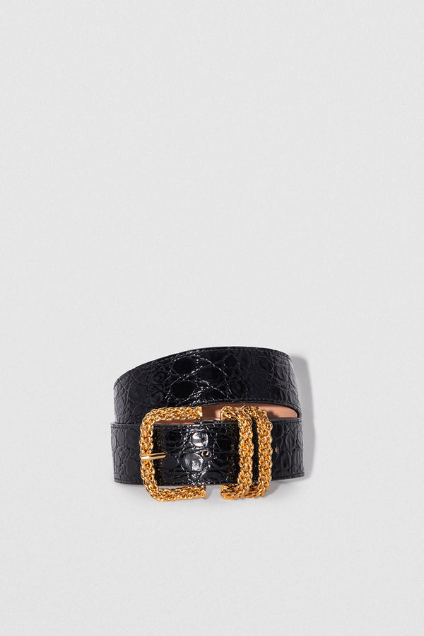 by far Katina Black Circular Croco Embossed Leather Belt