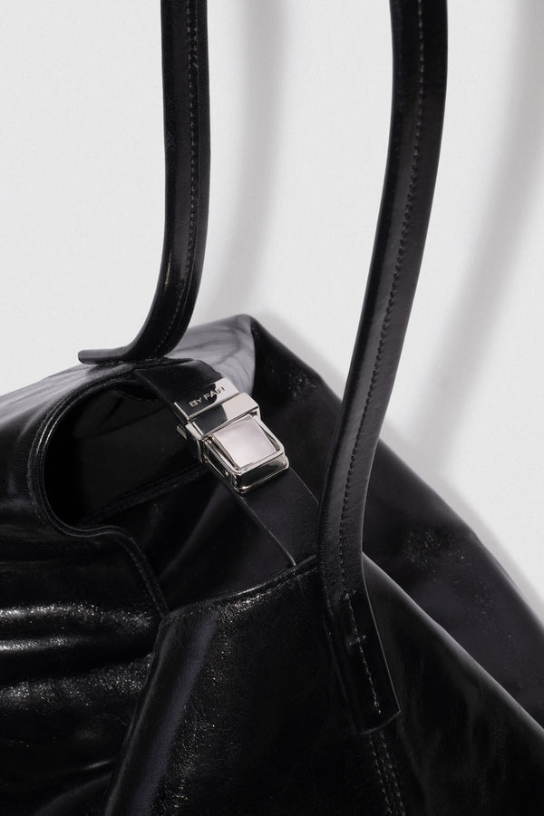 By Far Maxi Bea Black Creased Calf Leather Hobo Bag