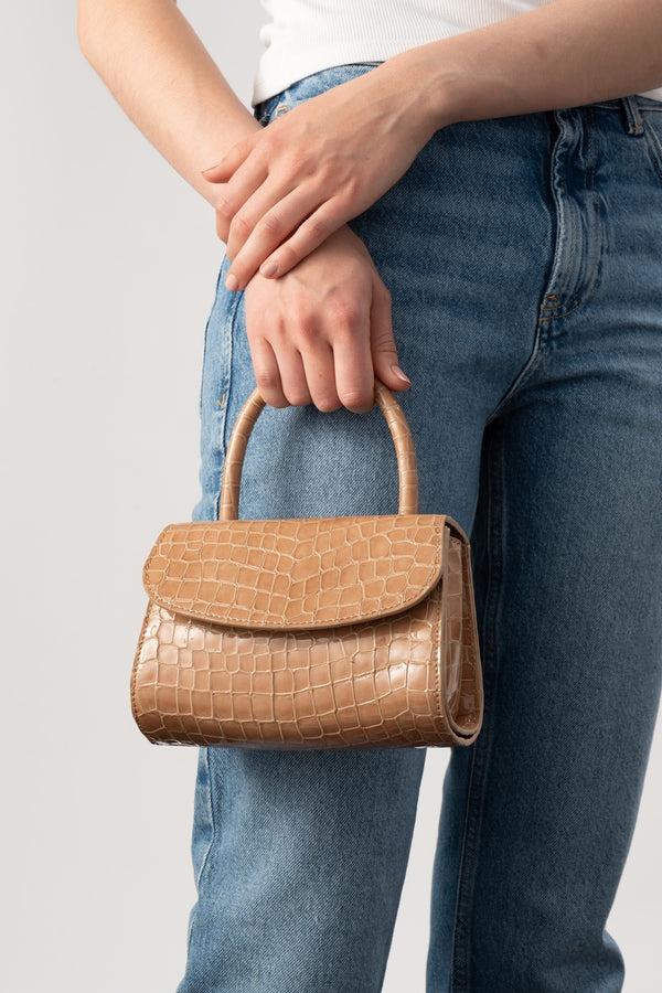 By Far Mini 2.0 Light Tan Croco Embossed Leather Top-Handle Bag