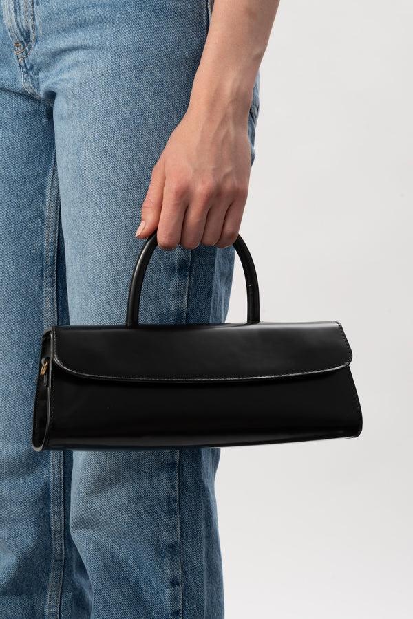 By Far Mini Longa Black Semi Patent Leather Top-Handle Bag