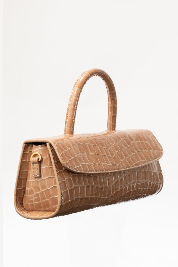 By Far Mini Longa Light Tan Croco Embossed Leather Top-Handle Bag