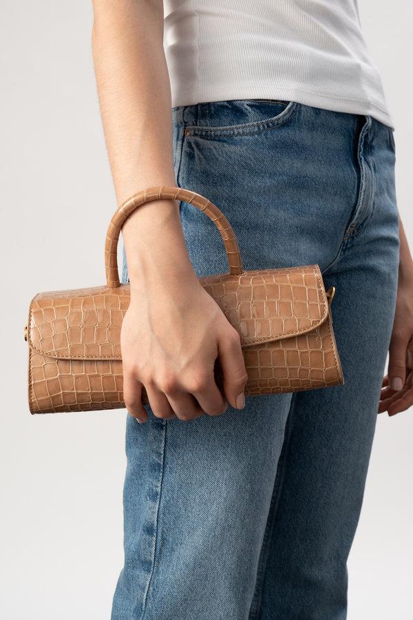 By Far Mini Longa Light Tan Croco Embossed Leather Top-Handle Bag