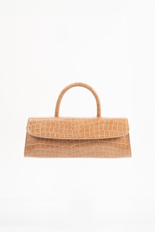 by far Mini Longa Light Tan Croco Embossed Leather Top-Handle Bag