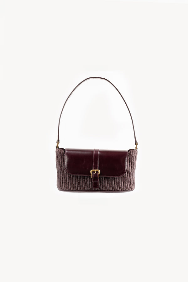 by far Miranda Baguette Grape Raffia and Calf Leather Shoulder Bag