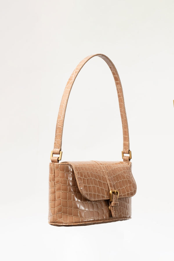 By Far Miranda Baguette Light Tan Croco Embossed Leather Shoulder Bag