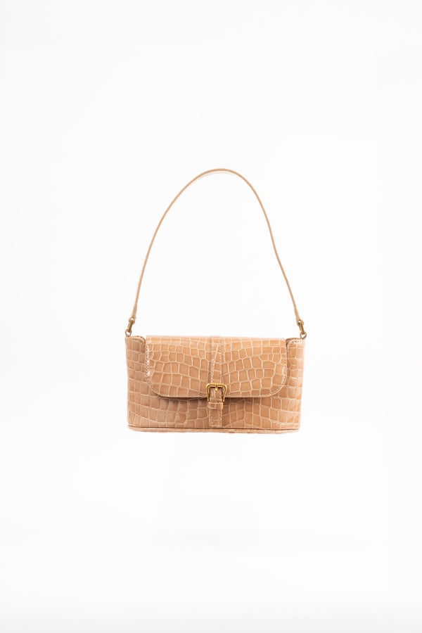 by far Miranda Baguette Light Tan Croco Embossed Leather Shoulder Bag