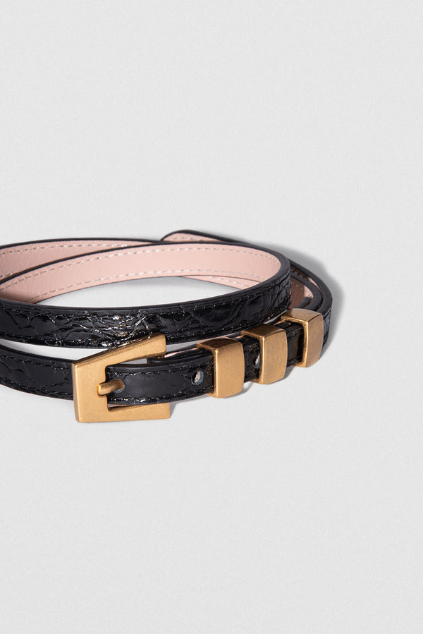 By Far Vic Black Circular Croco Embossed Leather Belt