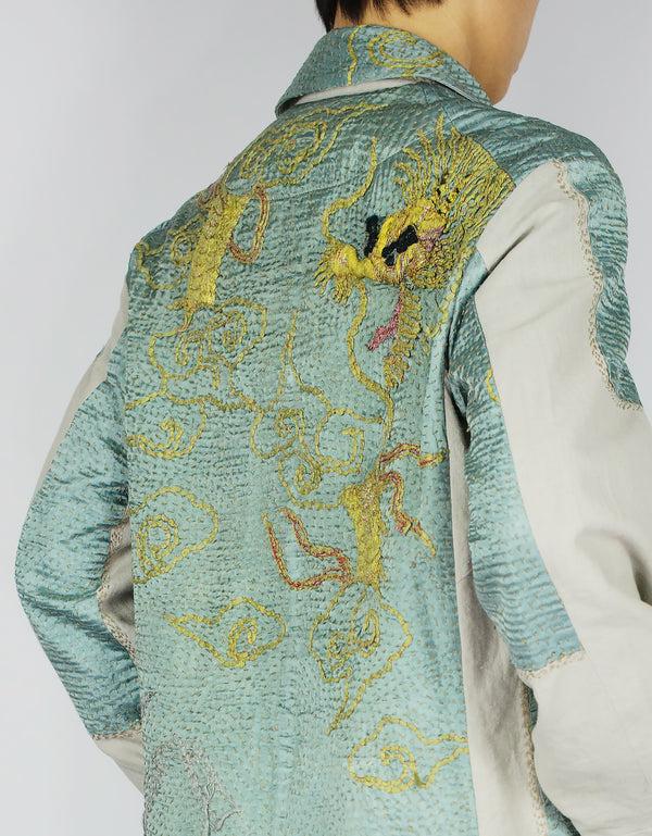 by walid Antique Embroidered Silk Kimono Duster Coat