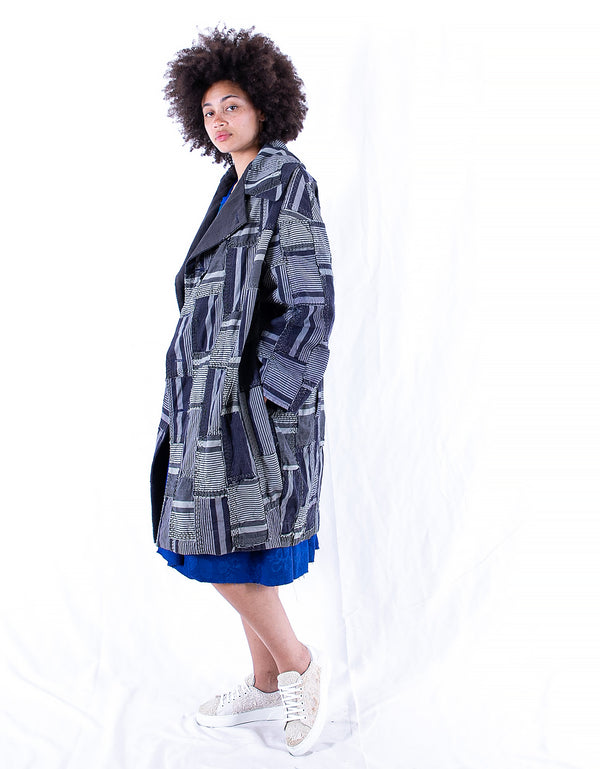 By Walid 19th Century French Ticking Cocoon Coat