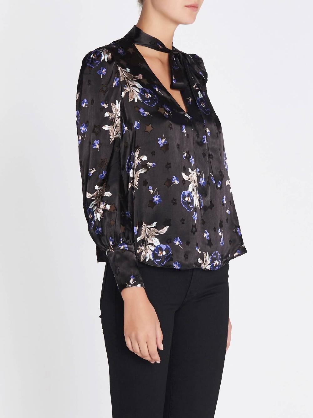 C & M Camilla And Marc Violet Floral Satin Burnout Scarf Neck Top