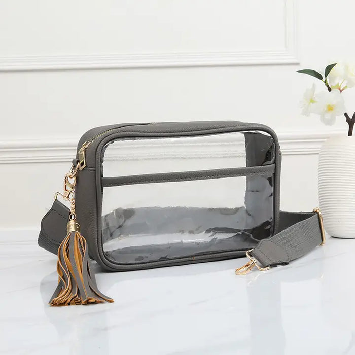 c collection Solid Color Outlined Clear Crossbody Bag Gray
