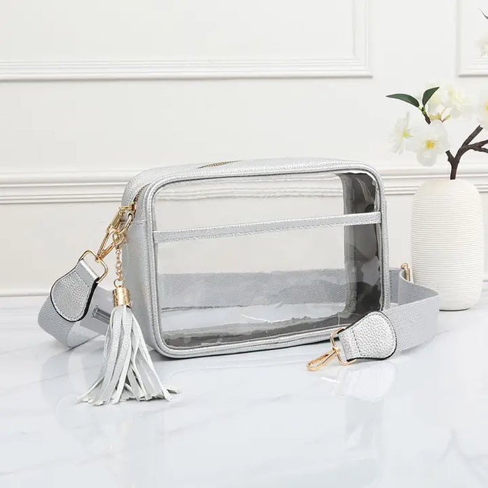 c collection Solid Color Outlined Clear Crossbody Bag Silver