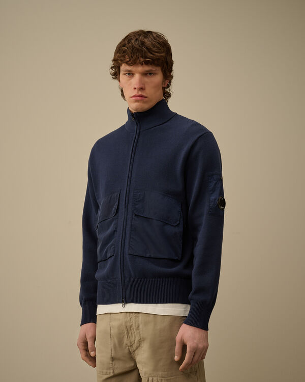 C.p. Company Cotton Mixed Lens Zip Knit OCEANA - BLUE