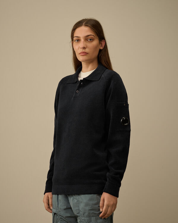 C.p. Company Chenille Cotton Polo Knit TOTAL ECLIPSE - BLUE