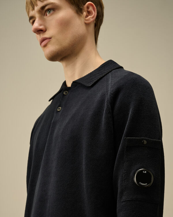 C.p. Company Chenille Cotton Polo Knit TOTAL ECLIPSE - BLUE