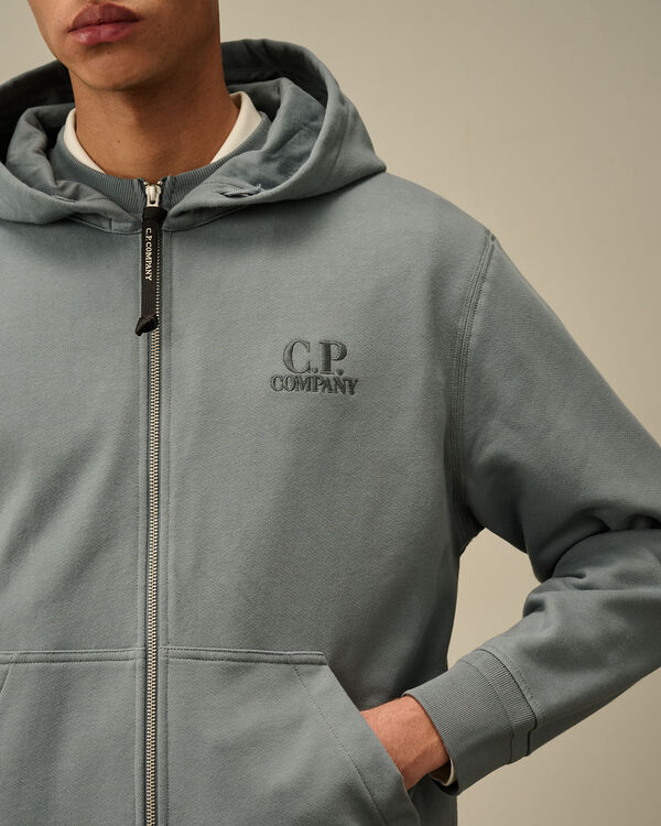 C.p. Company Diagonal Raised Fleece Full Zip Logo Sweatshirt STORMY WEATHER - BLUE