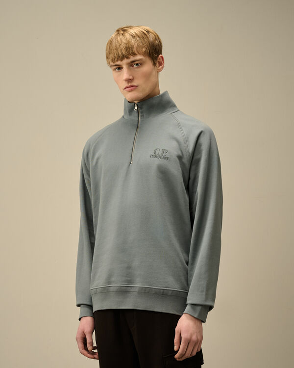 C.p. Company Diagonal Raised Fleece Half Zip Logo Sweatshirt STORMY WEATHER - BLUE