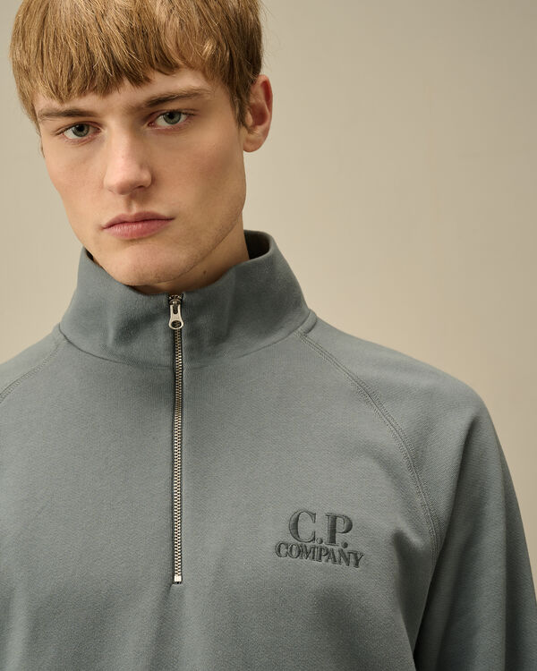 C.p. Company Diagonal Raised Fleece Half Zip Logo Sweatshirt STORMY WEATHER - BLUE