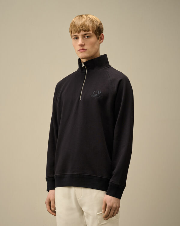 C.p. Company Diagonal Raised Fleece Half Zip Logo Sweatshirt TOTAL ECLIPSE - BLUE