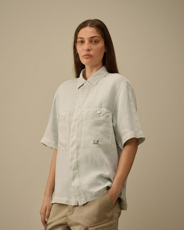 C.p. Company Linen Boxy Short Sleeve Shirt BLUE FOX - GREY