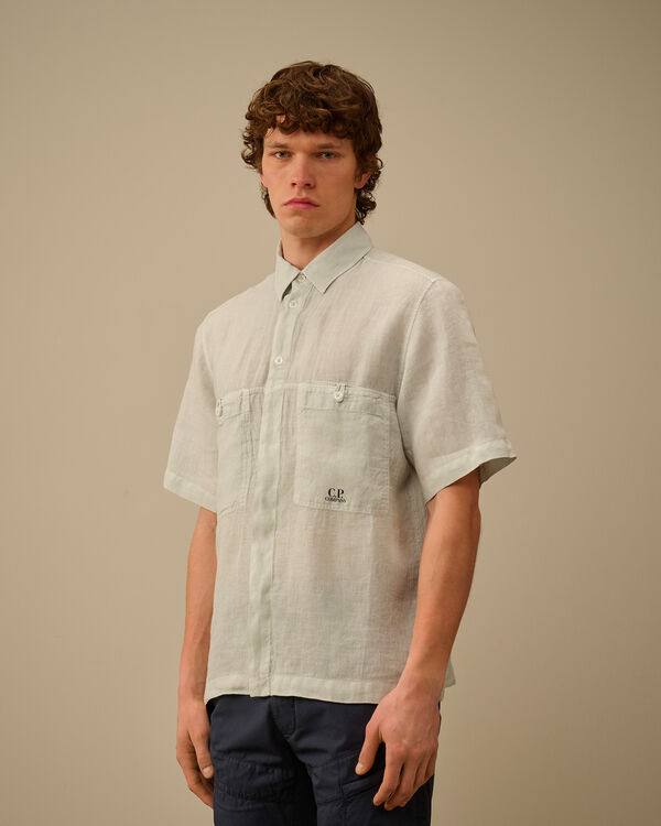 C.p. Company Linen Boxy Short Sleeve Shirt BLUE FOX - GREY