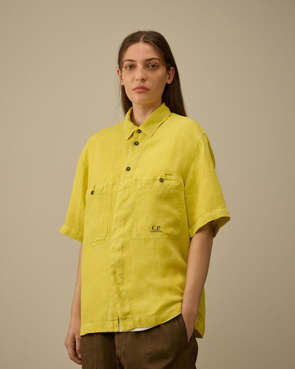 C.p. Company Linen Boxy Short Sleeve Shirt CRESS GREEN - YELLOW