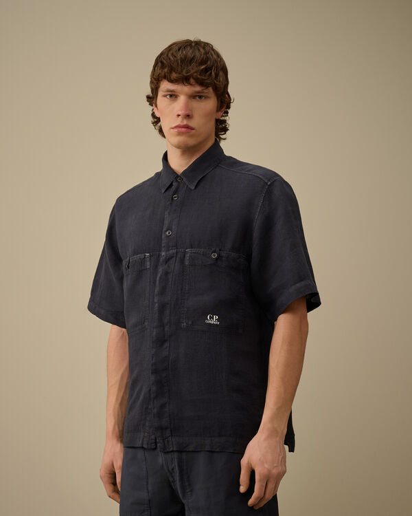 C.p. Company Linen Boxy Short Sleeve Shirt TOTAL ECLIPSE - BLUE