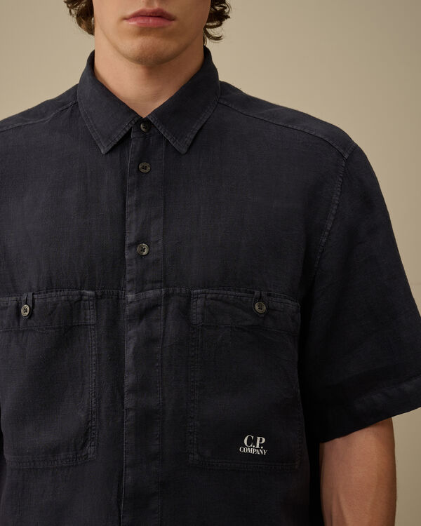 C.p. Company Linen Boxy Short Sleeve Shirt TOTAL ECLIPSE - BLUE
