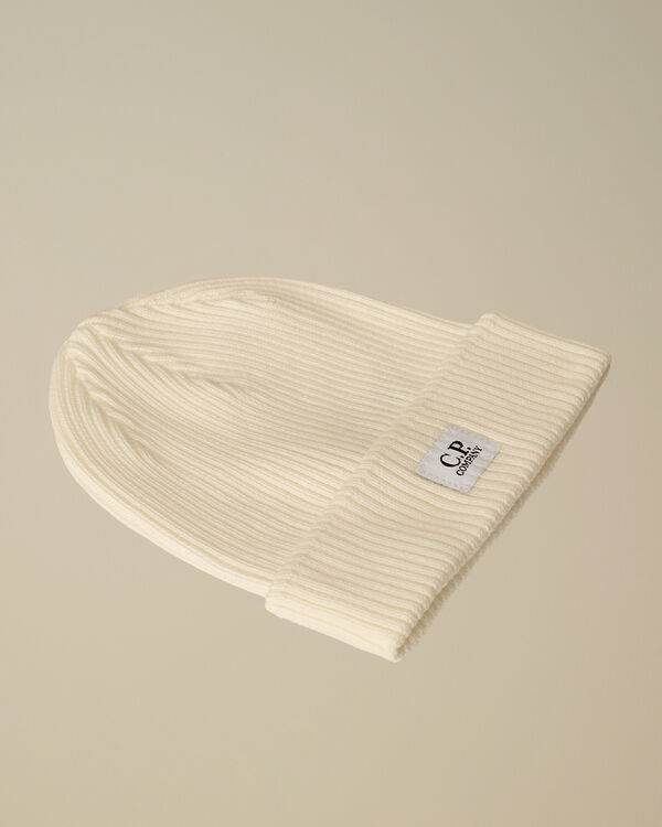 c.p. company U16 Cotton Knitted Logo Beanie GAUZE WHITE