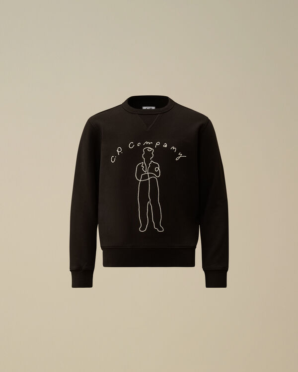 C.p. Company U16 Diagonal Fleece Crewneck Embroidery Sweatshirt BLACK