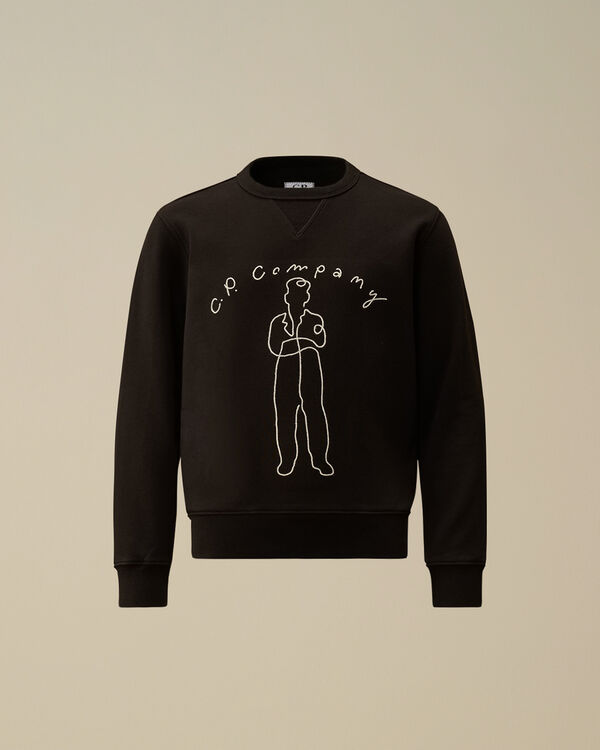 C.p. Company U16 Diagonal Fleece Crewneck Embroidery Sweatshirt BLACK