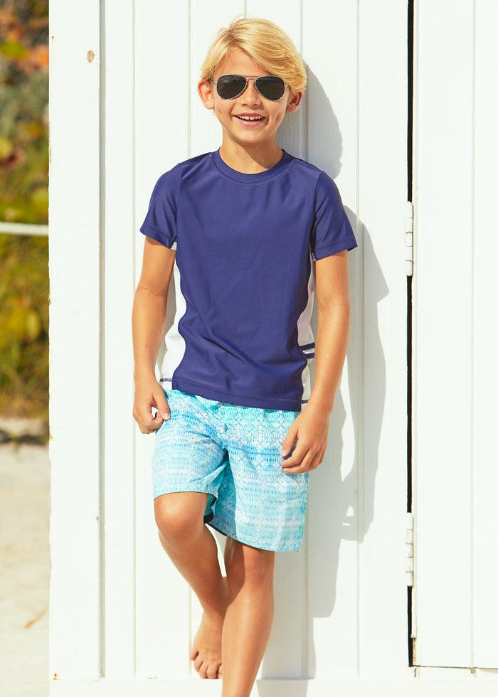 Cabana Life Boys Navy Side Stripe Short Sleeve Rashguard