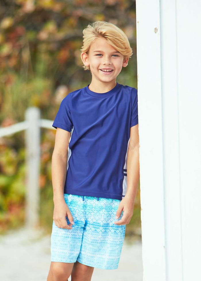 cabana life Boys Navy Side Stripe Short Sleeve Rashguard