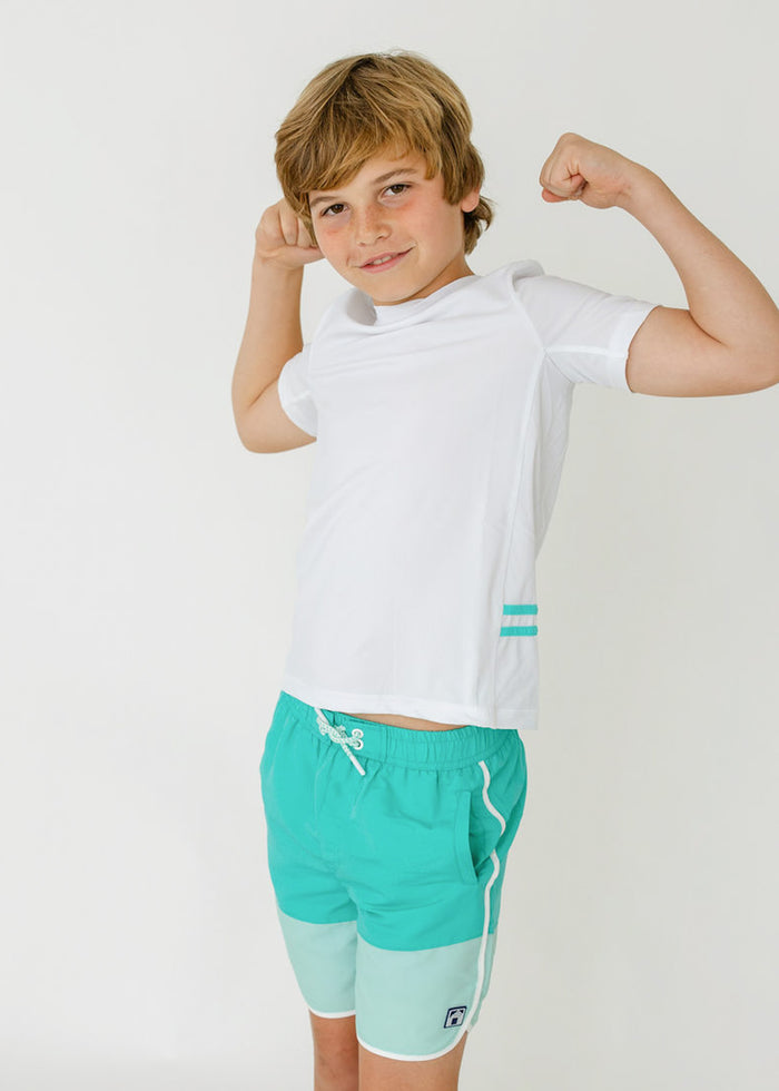 Cabana Life Boys White Side Stripe Short Sleeve Rashguard