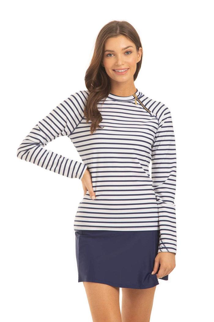 Cabana Life Navy Stripe Zipper Rashguard