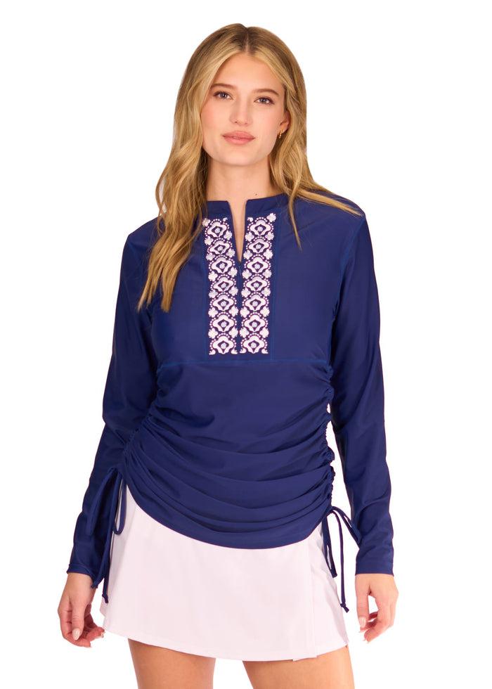 Cabana Life Navy Embroidered Convertible Ruched Rashguard