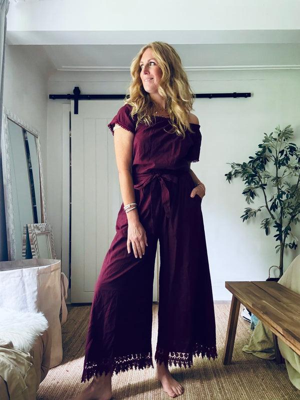 cacatoès Florence Maroon Linen Trousers (One Size)