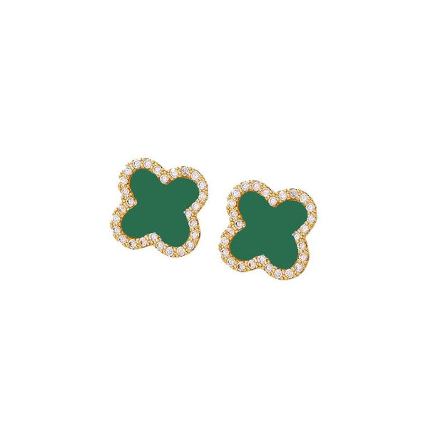 cacatoès Green Clover Stud Earrings In Gold with Sparkle
