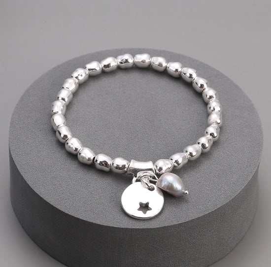 cacatoès Pippa Beaded Silver Beaded Bracelet with Disc Charm and Pearl
