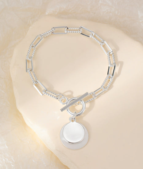 cacatoès Poppy Link Bracelet with T-Bar Fastening and Double Disc Charm in Silver
