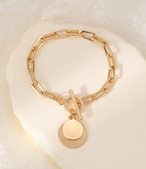 cacatoès Poppy Link Bracelet with T-Bar Fastening and Double Disc Charm in Gold