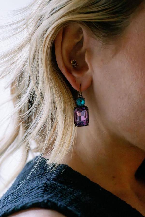 Cacatoès Twin Gem Crystal Drop Earrings In Antique Gold In Lilac And Turquoise